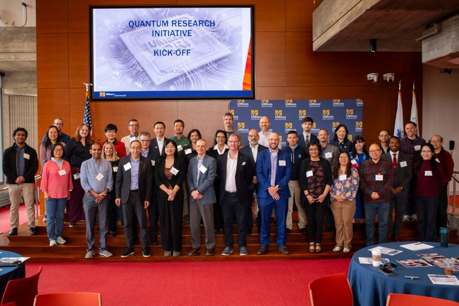 Group photo of UMass Dartmouth's Quantum Research Initiative cohort, along with state officials and industry partners at the QRI kickoff event