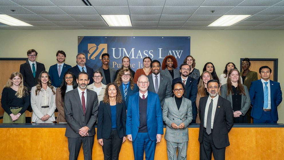 UMass Law students and administrators pose with Federal Circuit Court Judges
