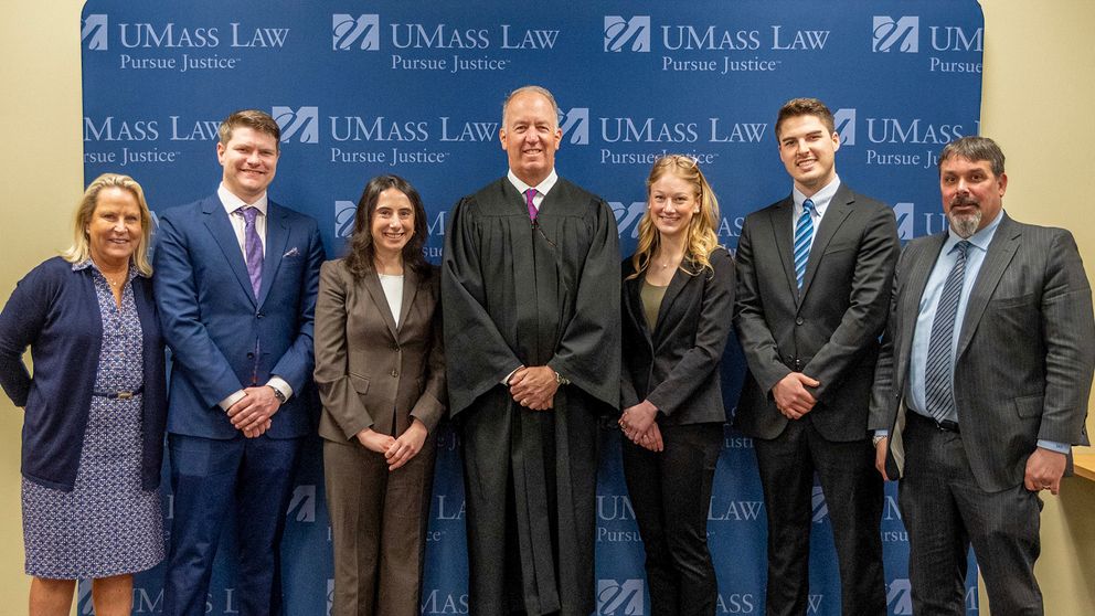 Mock Trial semifinalists pictured with Hon. Joseph P. Harrington, First Justice (center) and their coaches. Photo courtesy Kristina Besse