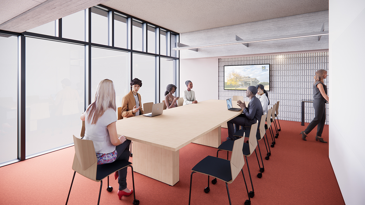 A rendering of a new seminar room with large table and student sitting around it